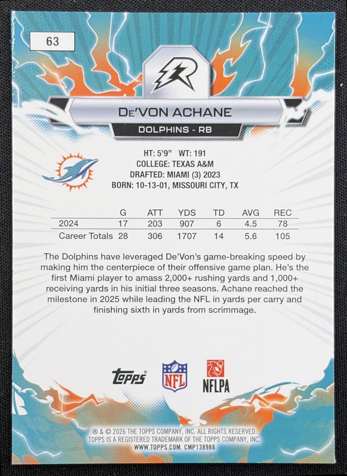 De'Von Achane 2025 Topps Resurgence Blue and Orange Spark Refractor Dolphins