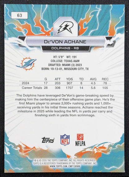 De'Von Achane 2025 Topps Resurgence Blue and Orange Spark Refractor Dolphins