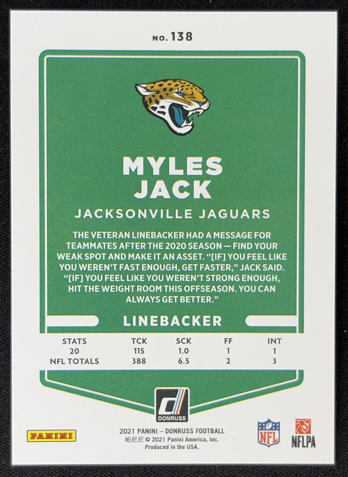 Myles Jack 2021 Panini Donruss Press Proof Premium Jaguars - Jacksonville Jaguars