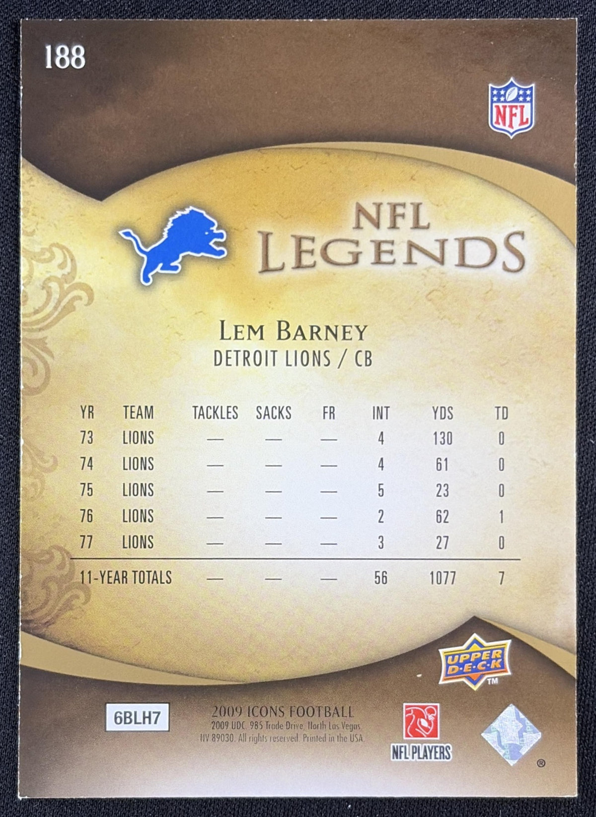 Lem Barney 2009 Upper Deck Icons /599 Lions