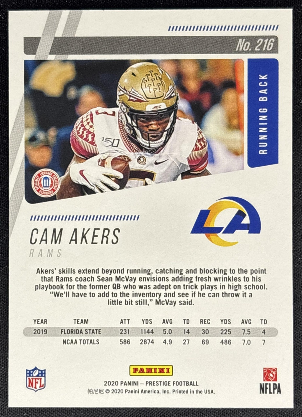 Cam Akers 2020 Panini Prestige Xtra Points Blue /299 Rams back