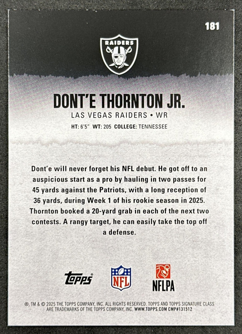 Dont'e Thornton Jr. 2025 Signature Class Rookie Green & Purple Foil Raiders back sports trading card