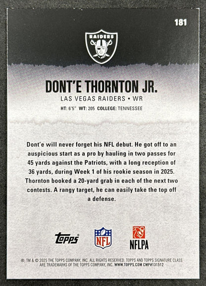 Dont'e Thornton Jr. 2025 Signature Class Rookie Green & Purple Foil Raiders back sports trading card