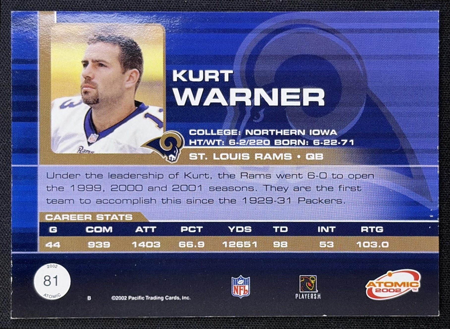 Kurt Warner 2002 Pacific Atomic Non Die Cut /600 Rams back