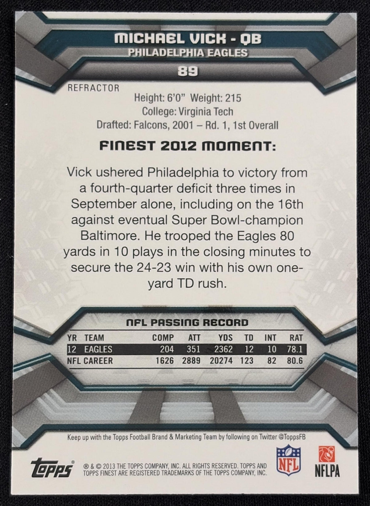 Michael Vick 2013 Topps Finest Refractors Eagles - Back