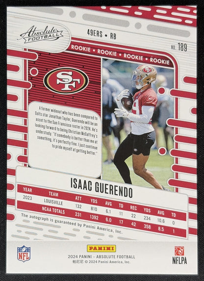 Isaac Guerendo 2024 Panini Absolute Signature Rookies Orange Spectrum /75 49ers back