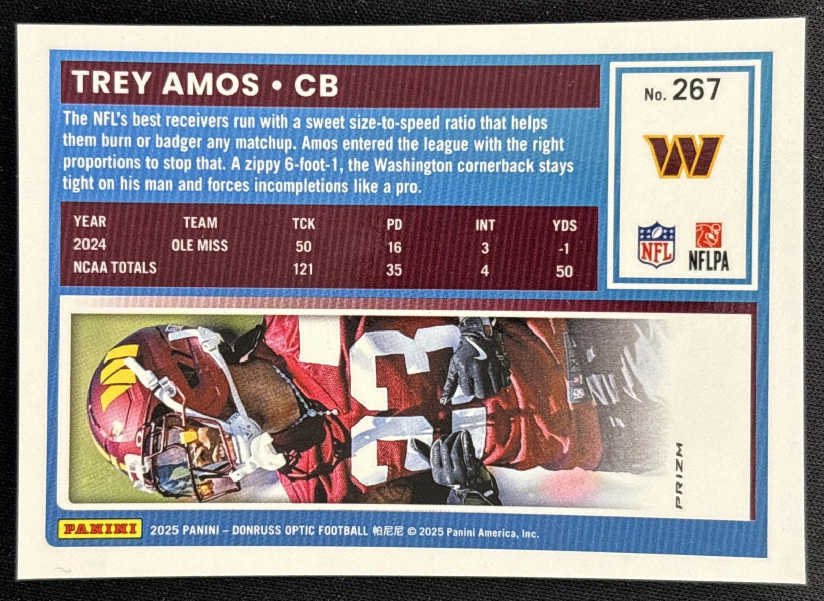 Trey Amos 2025 Panini Donruss Optic Rated Rookie Red Mojo Prizm Commanders Back