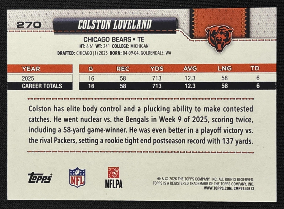 Colston Loveland 2026 Topps WM White & Blue Bears Sports Trading Card