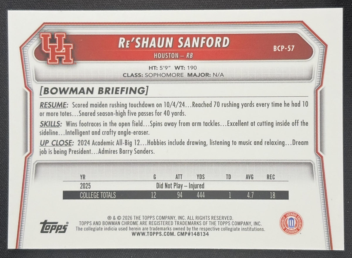Re'Shaun Sanford 2026 Bowman Chrome Prospects Mojo Refractor Cougars