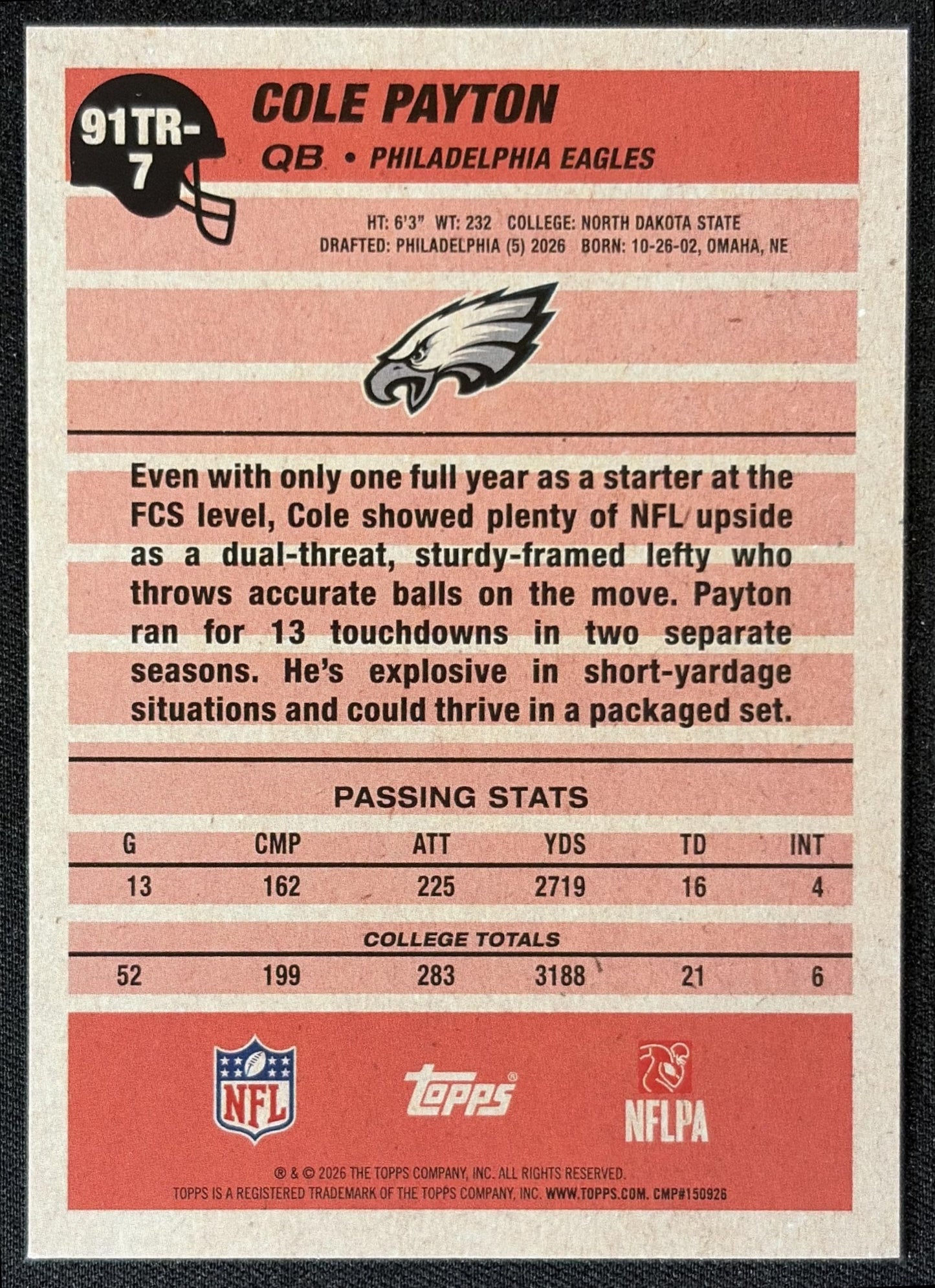 Cole Payton 2026 Topps 1991 Rookie Eagles back