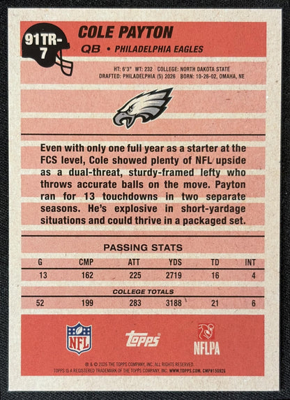 Cole Payton 2026 Topps 1991 Rookie Eagles back