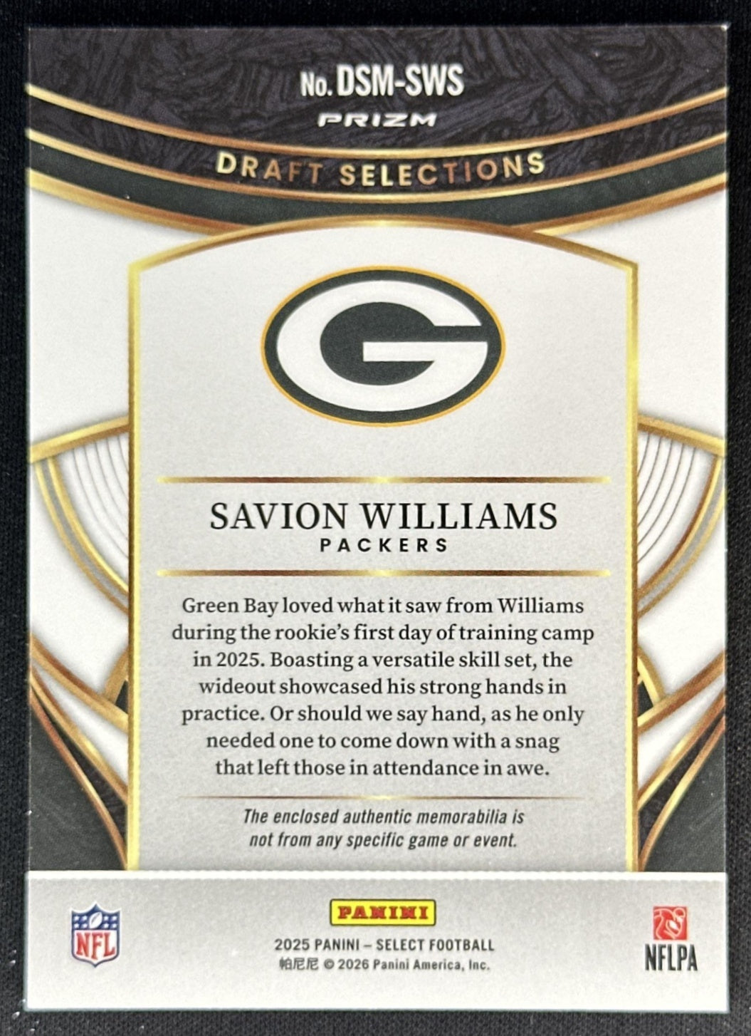 Savion Williams 2025 Select Draft Selections Memorabilia Blue Prizm Packers Sports Trading Cards