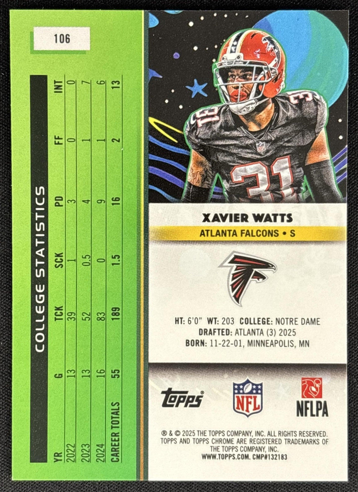 Xavier Watts 2025 Topps Cosmic Chrome Falcons