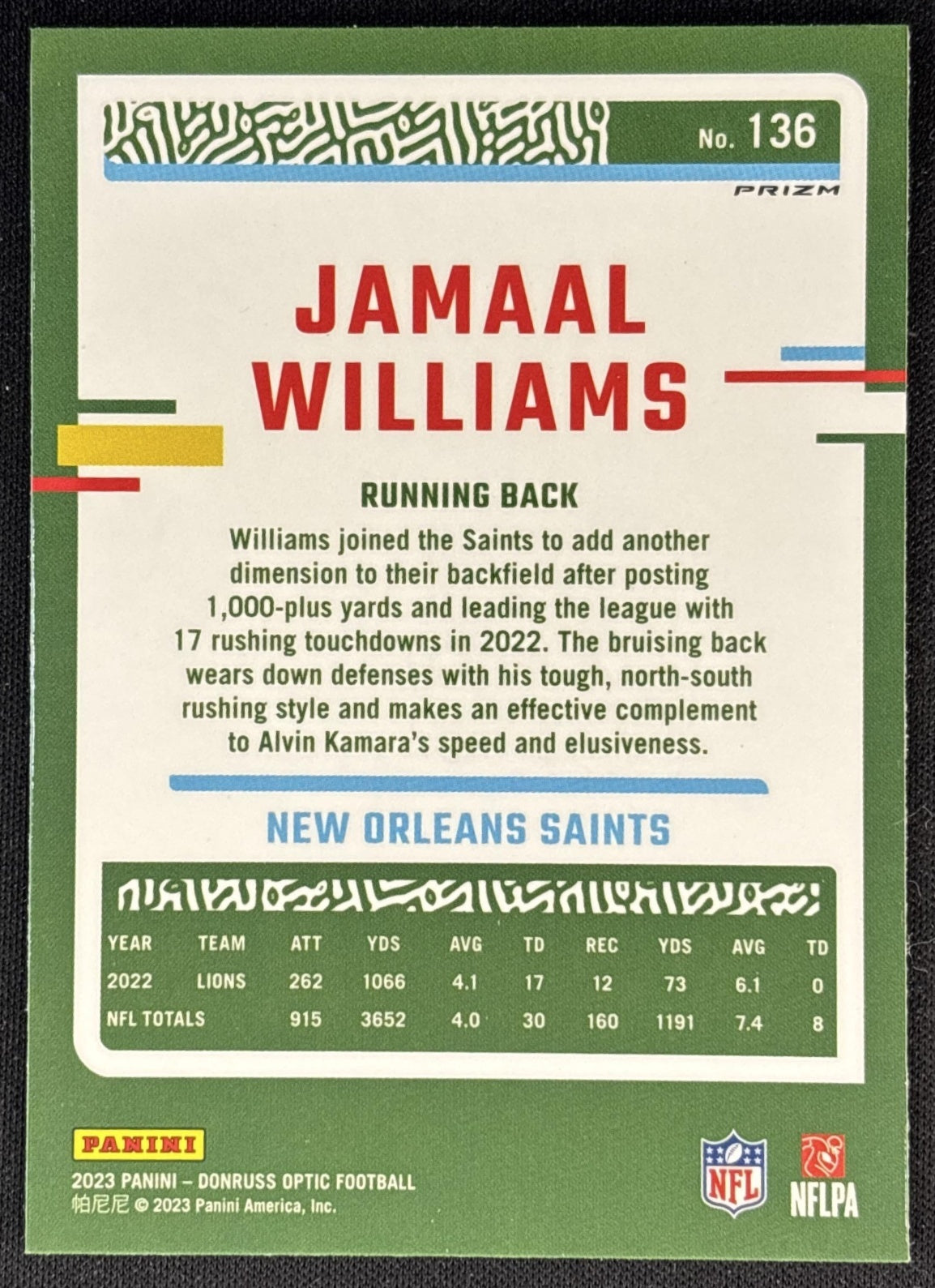 Jamaal Williams 2023 Panini Donruss Optic Rocket Prizm Saints
