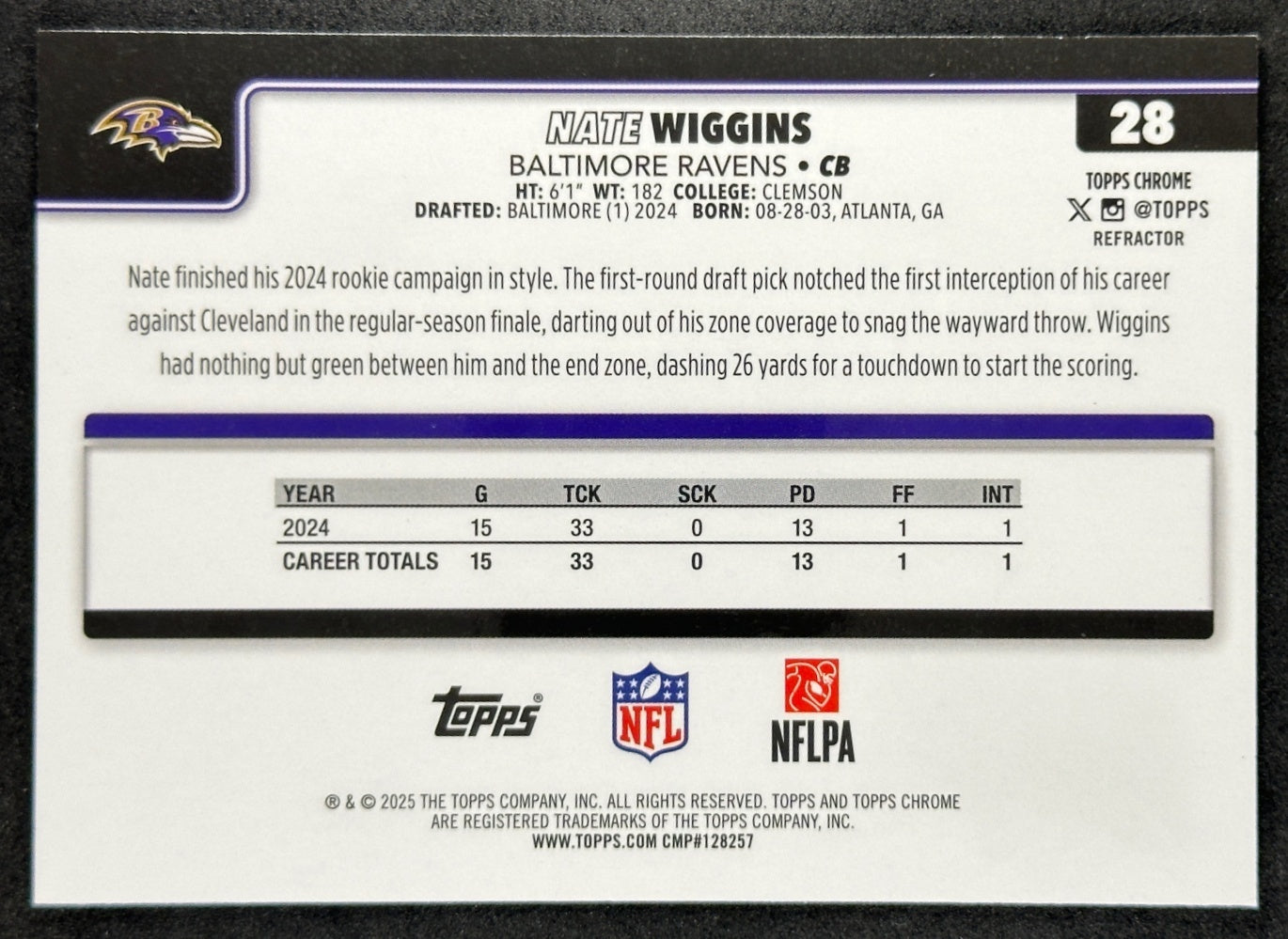 Nate Wiggins 2025 Topps Chrome Refractor Ravens Sports Trading Cards