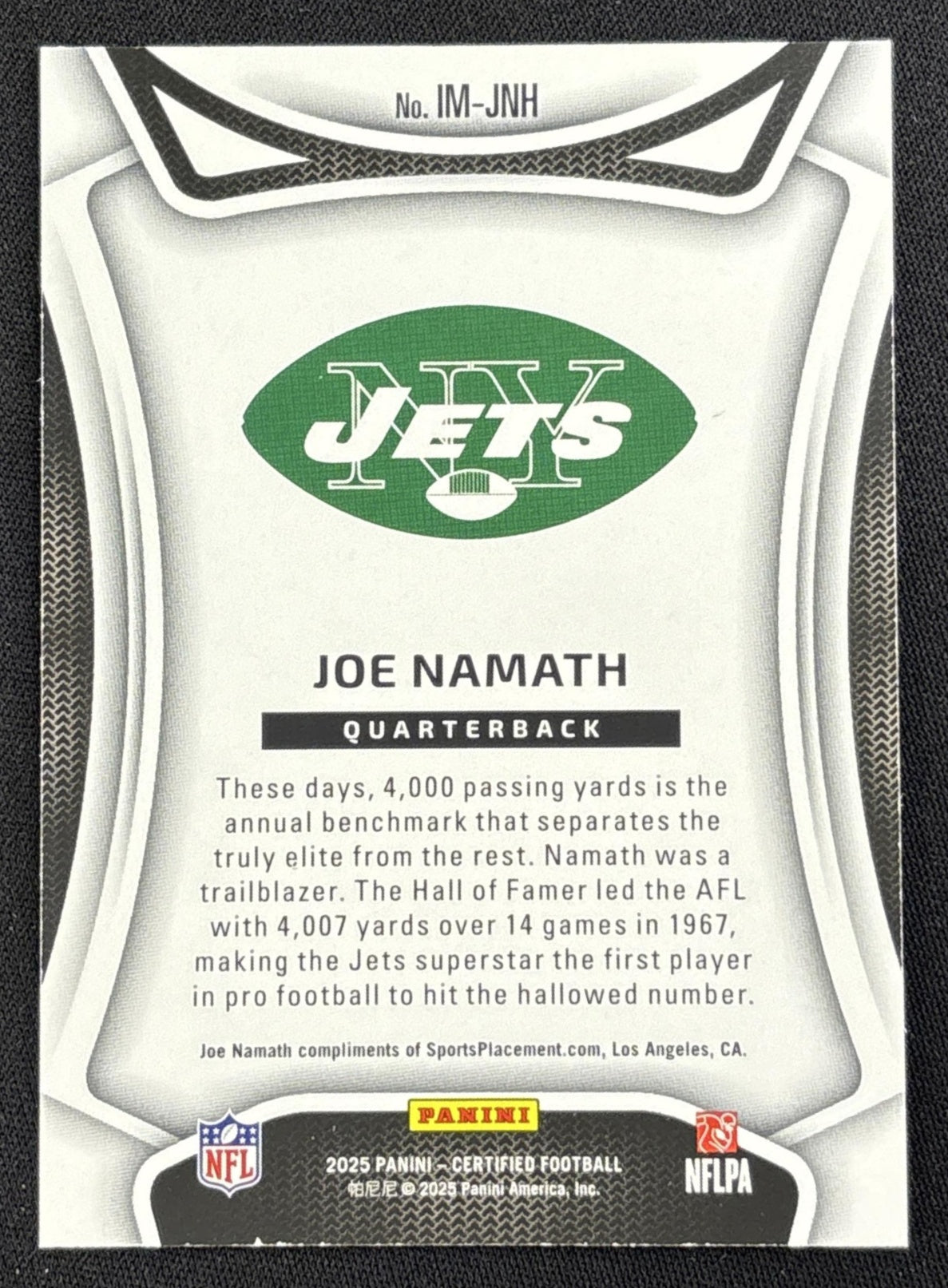 Joe Namath 2025 Panini Certified Immortals Mirror Purple /299 Jets