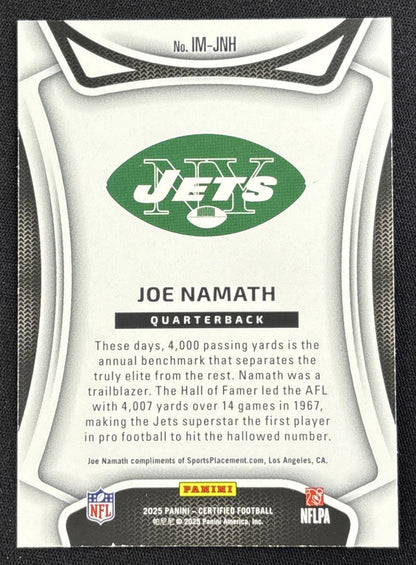 Joe Namath 2025 Panini Certified Immortals Mirror Purple /299 Jets