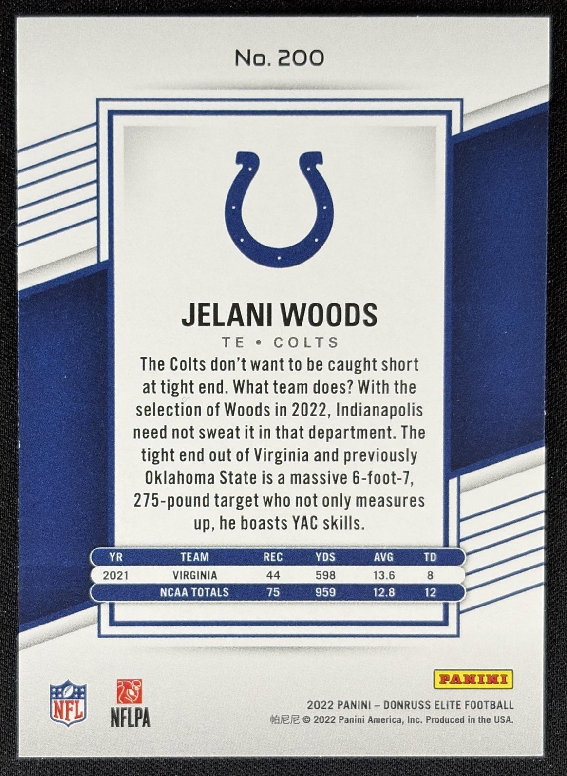Jelani Woods 2022 Panini Donruss Elite /999 Colts