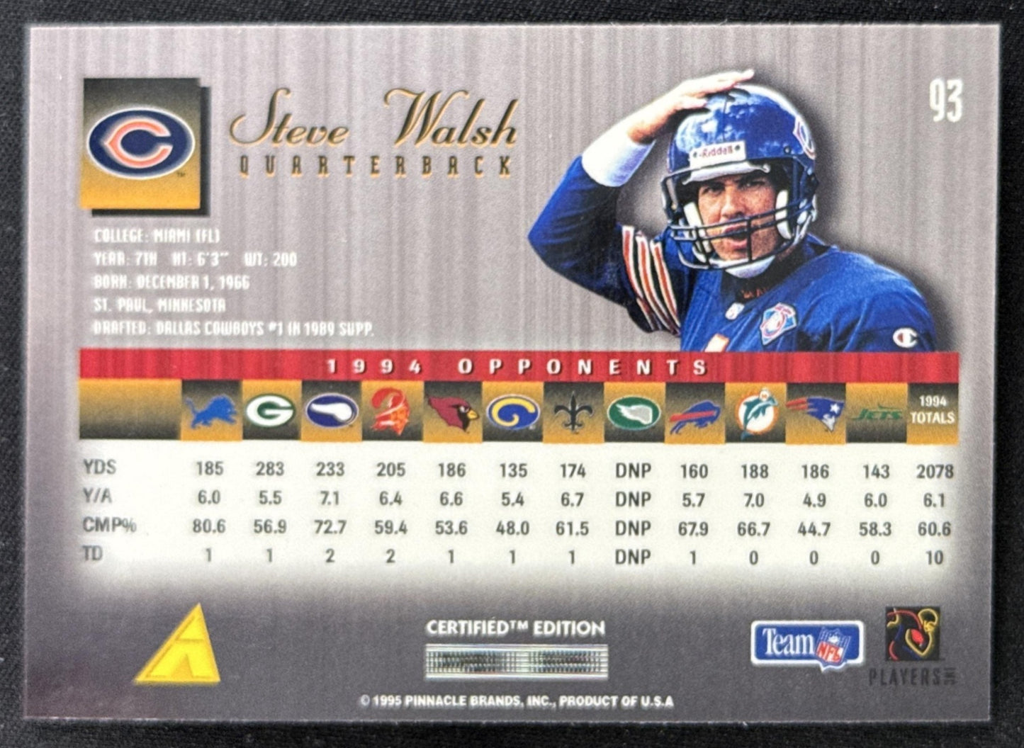 Steve Walsh 1995 Pinnacle Select Certified Bears Sports Trading Card