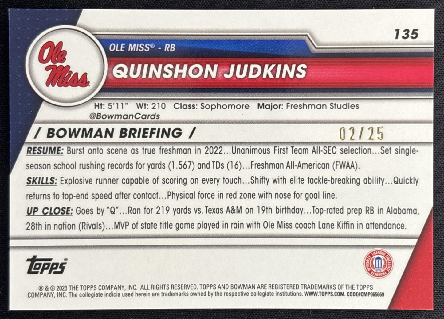 Quinshon Judkins 2023 Bowman University Chrome Orange Surge Refractor /25 Rebels back