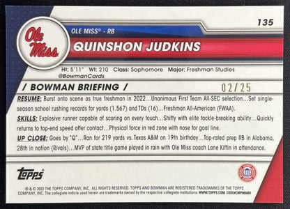 Quinshon Judkins 2023 Bowman University Chrome Orange Surge Refractor /25 Rebels back