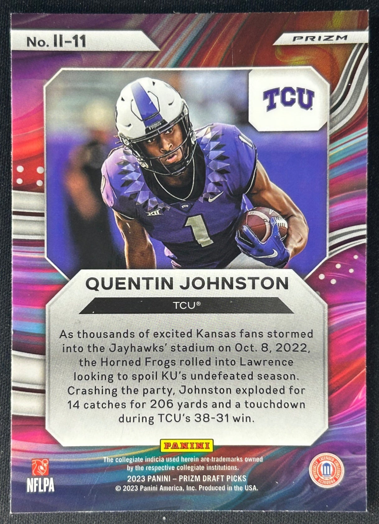 Quentin Johnston 2023 Prizm Draft Picks Instant Impact Gold Ice Horned Frogs sports trading card back