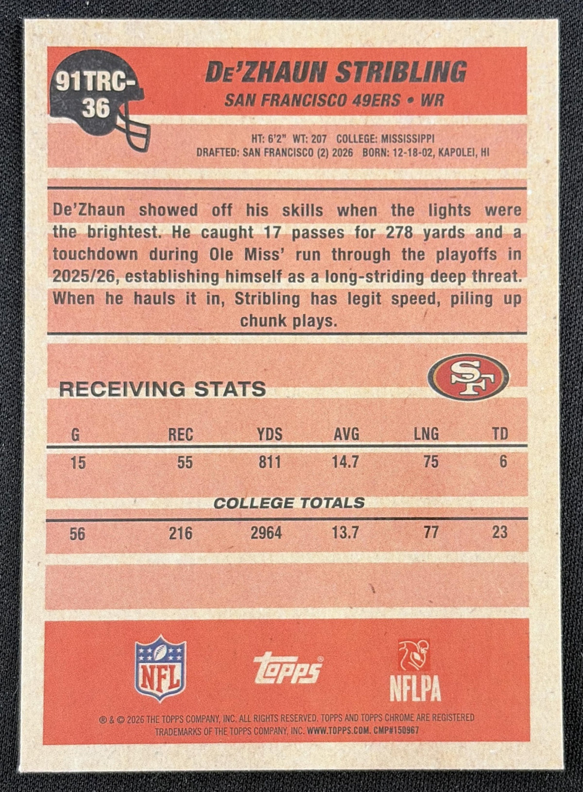 De'Zhaun Stribling 2026 Topps 1991 Chrome Rookie Mojo Refractor 49ers back