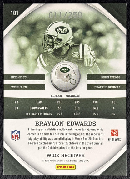Braylon Edwards 2010 Panini Gridiron Gear Silver X's /250 Jets back