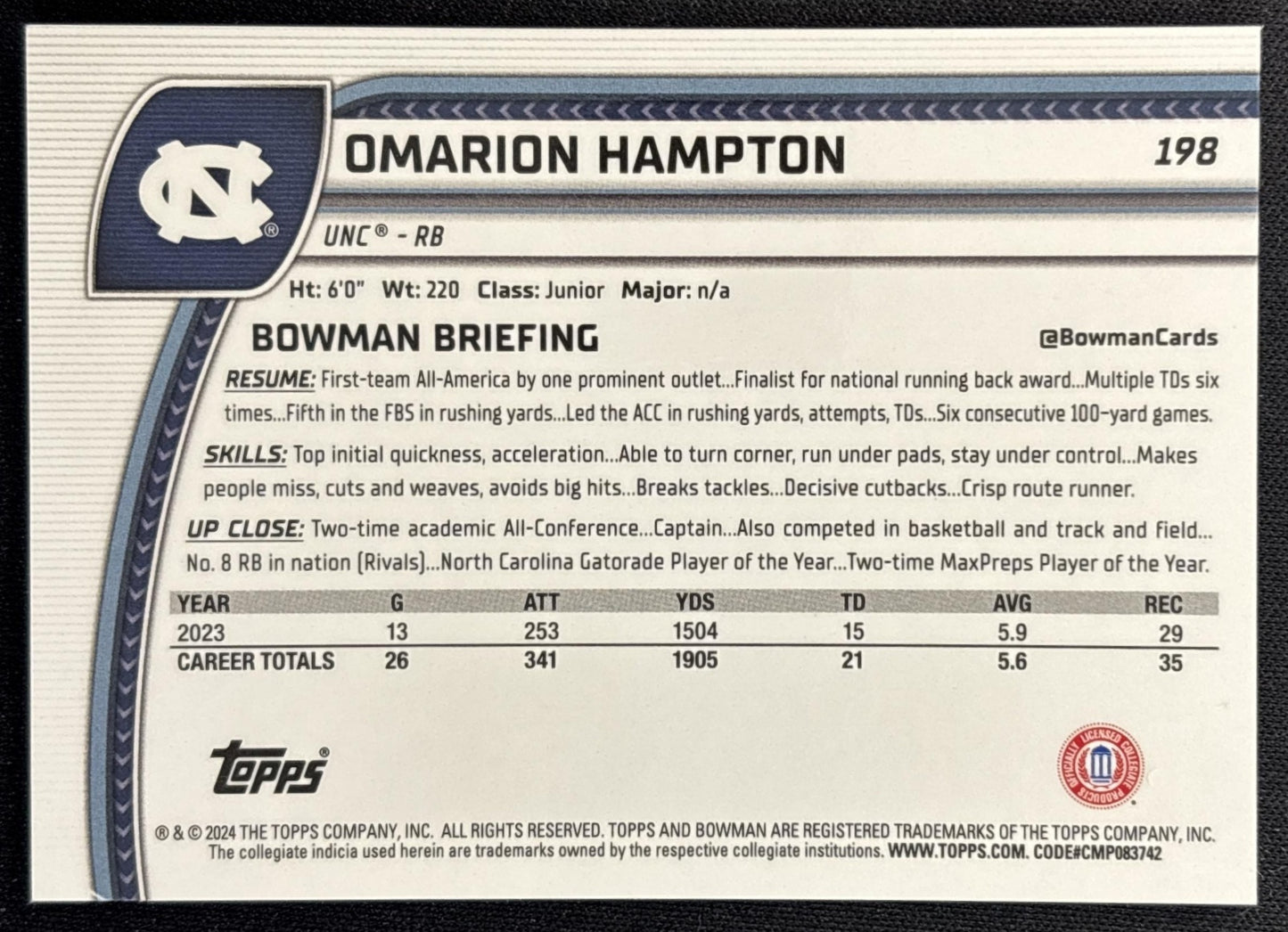 Omarion Hampton 2024 Bowman Chrome University Gold Refractor /50 Tar Heels Sports Trading Cards