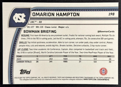 Omarion Hampton 2024 Bowman Chrome University Gold Refractor /50 Tar Heels Sports Trading Cards