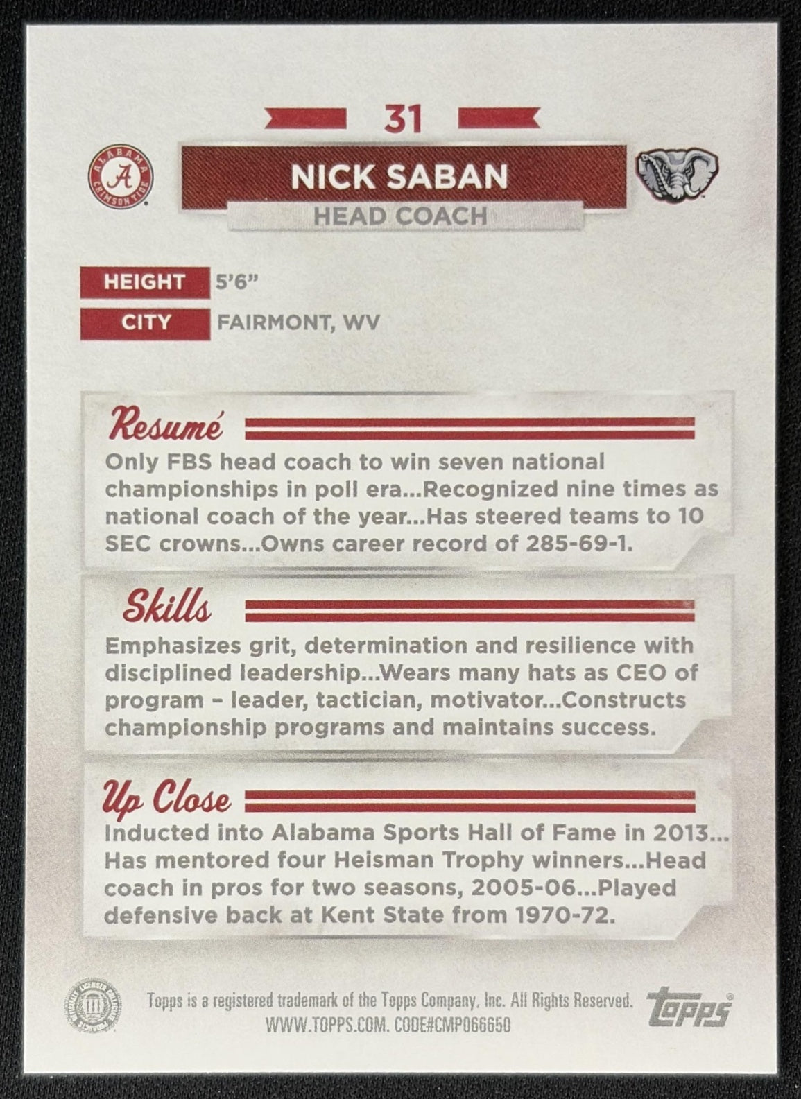 Nick Saban 2023 Bowman University Alabama Crimson Tide back