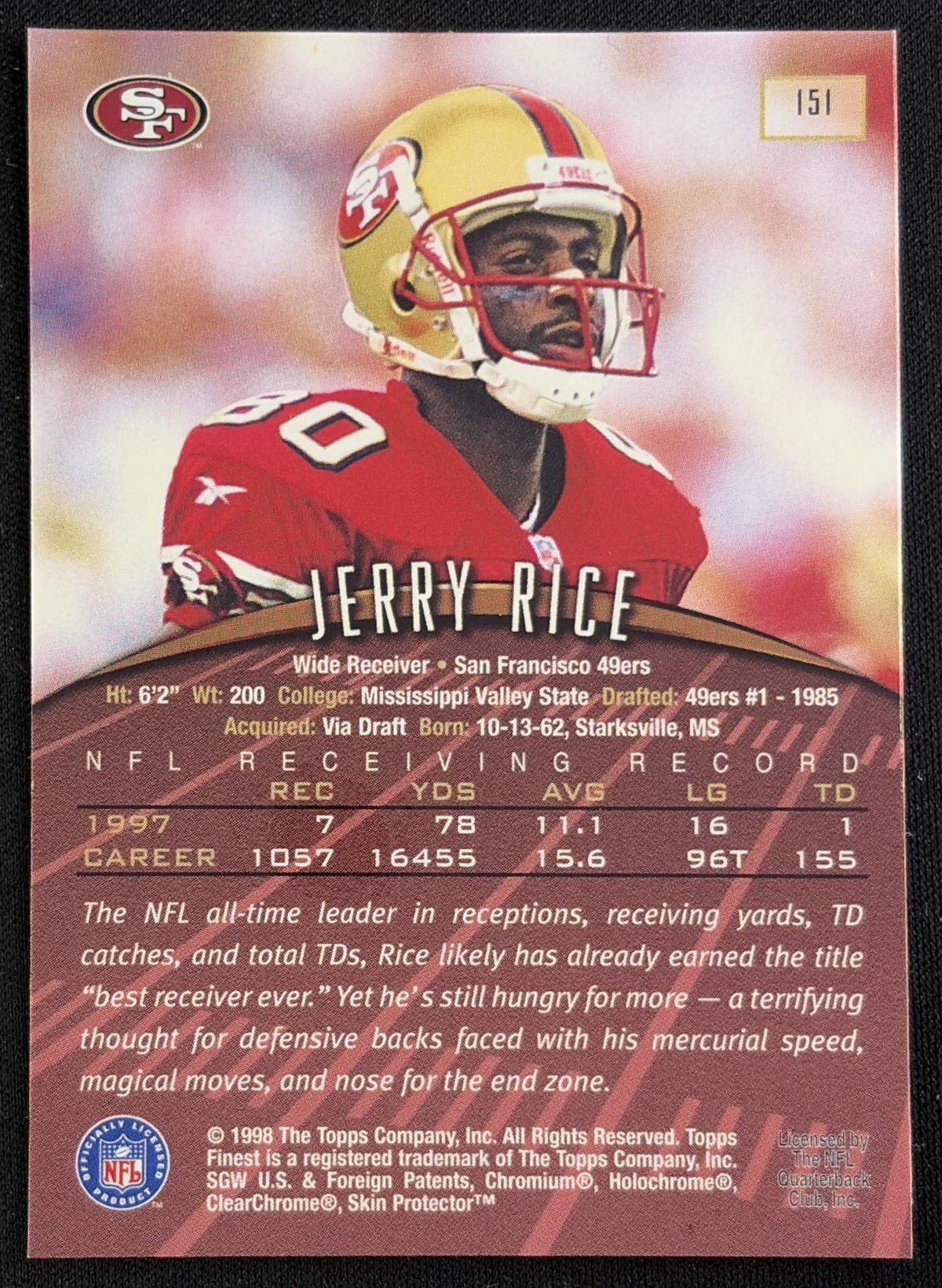 Back of Jerry Rice 1998 Topps Finest Jumbos 2 49ers sports trading card