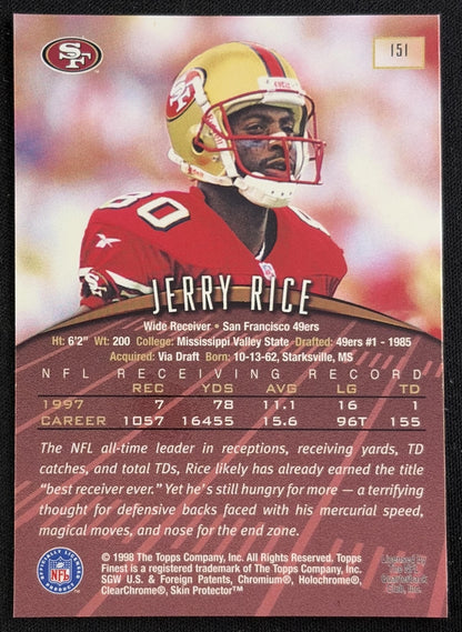 Back of Jerry Rice 1998 Topps Finest Jumbos 2 49ers sports trading card