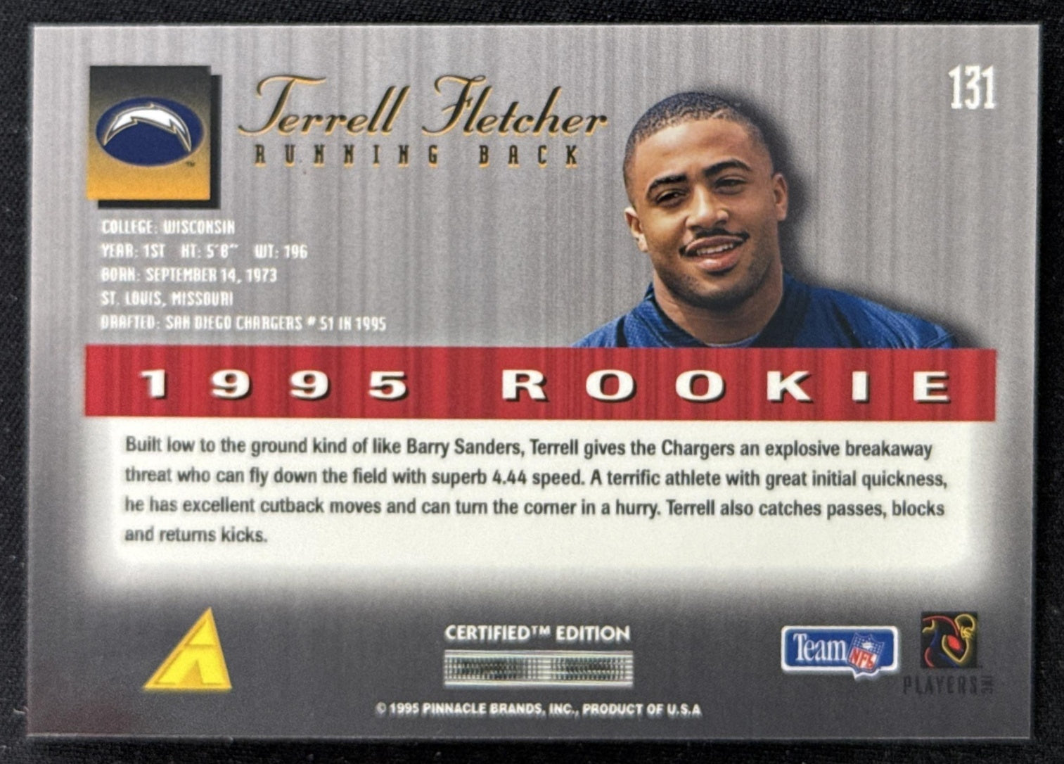 Terrell Fletcher 1995 Pinnacle Select Certified Chargers Sports Trading Card