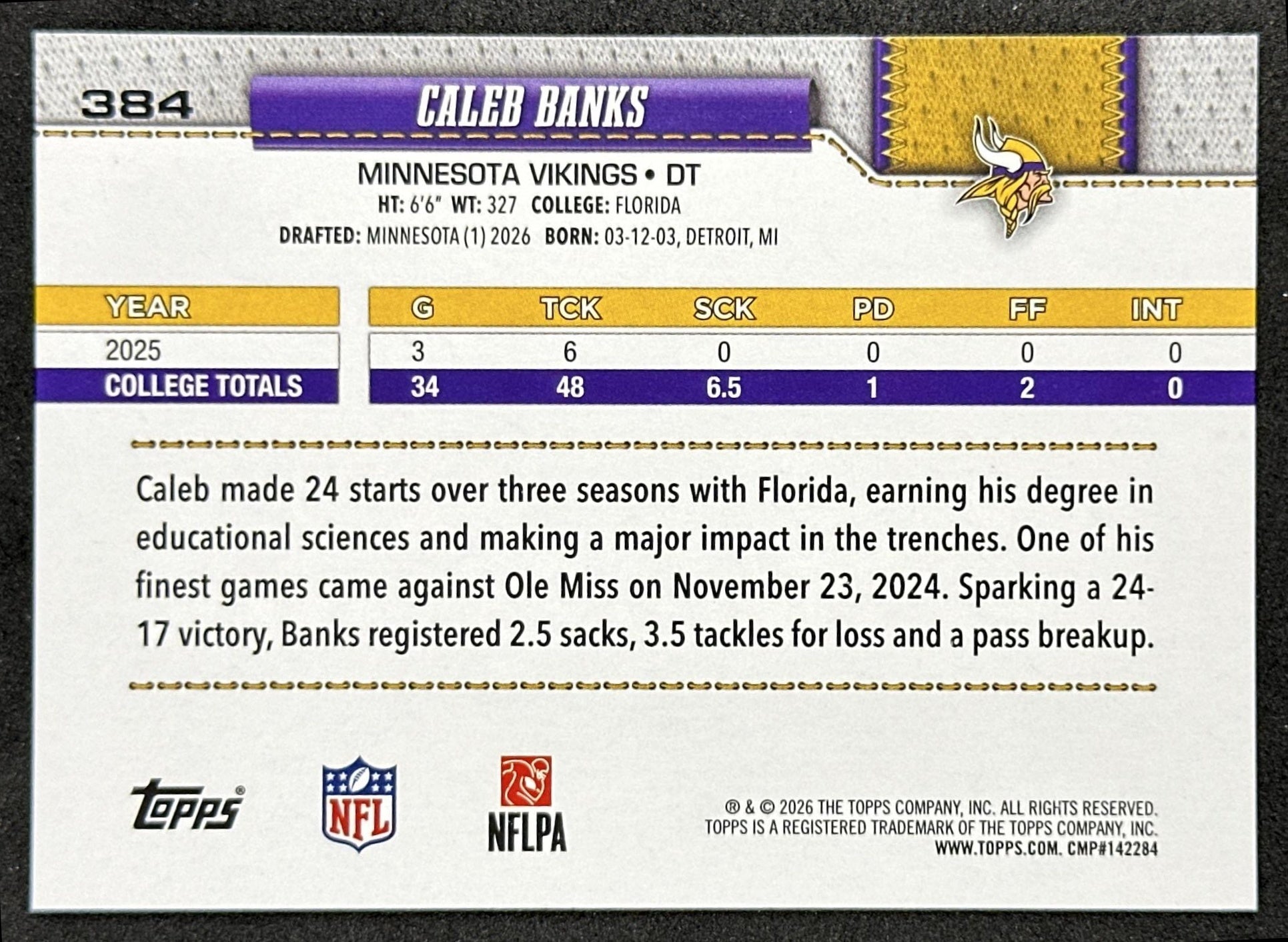 Caleb Banks 2026 Topps Flagship Rookie Vikings Sports Trading Cards