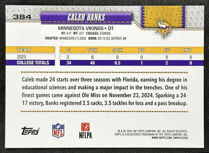 Caleb Banks 2026 Topps Flagship Rookie Vikings Sports Trading Cards