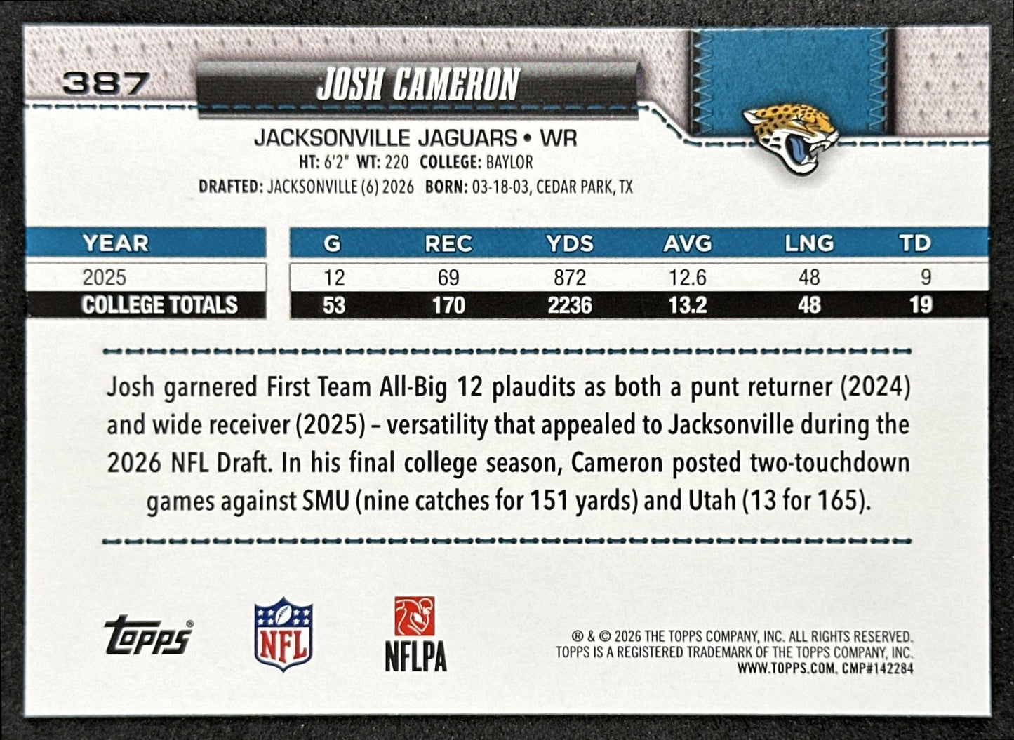Josh Cameron 2026 Topps Flagship Rookie Jaguars Sports Trading Cards