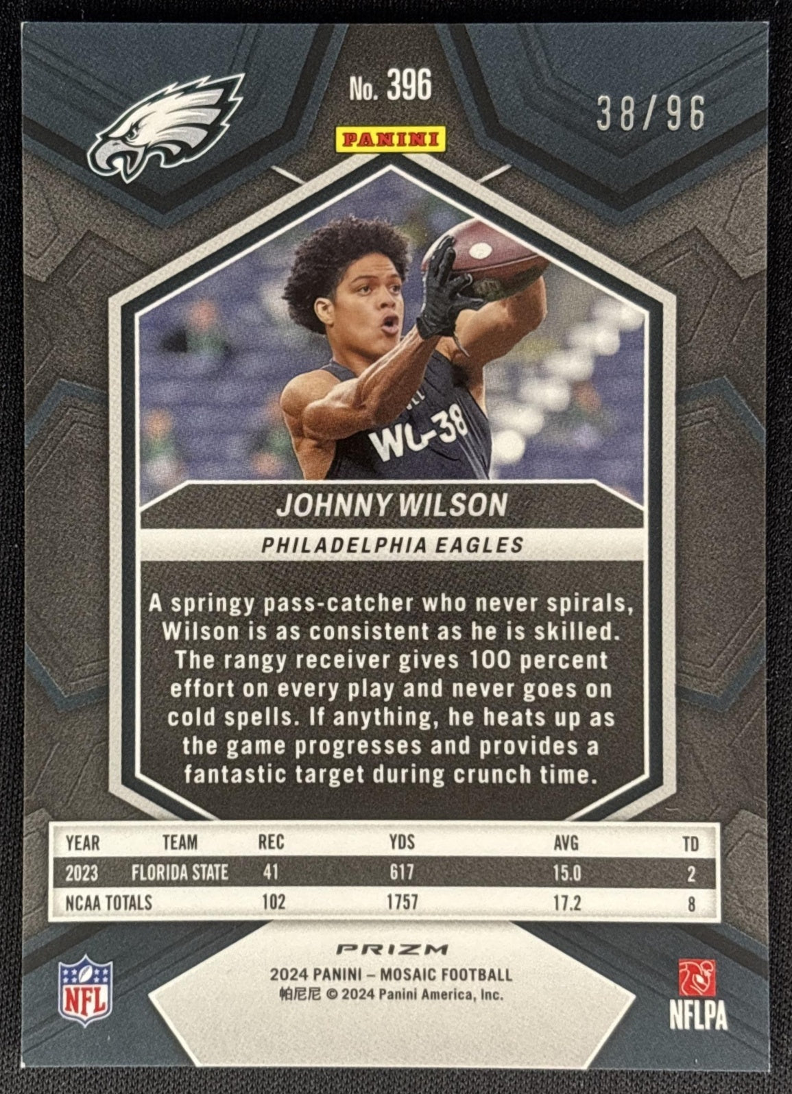 Johnny Wilson 2024 Panini Mosaic Blue Sparkle Prizm /96 Eagles Sports Trading Cards