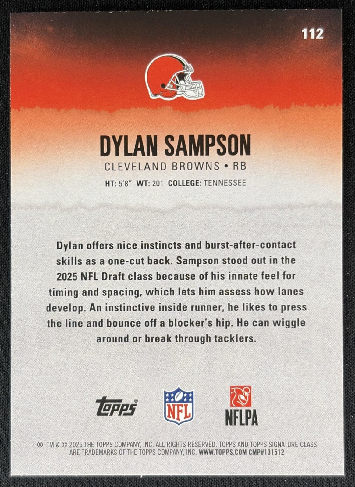 Dylan Sampson 2025 Topps Signature Class Rookie Blue & Yellow Foil Browns back