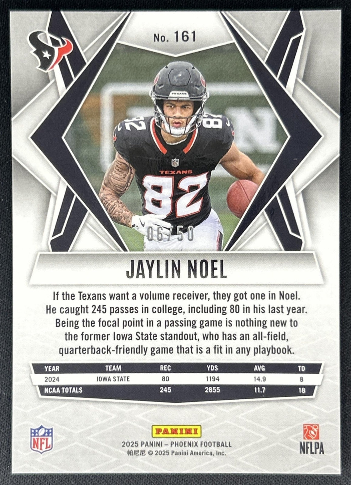 Jaylin Noel 2025 Panini Phoenix Bronze Winter Prizm /50 Texans back