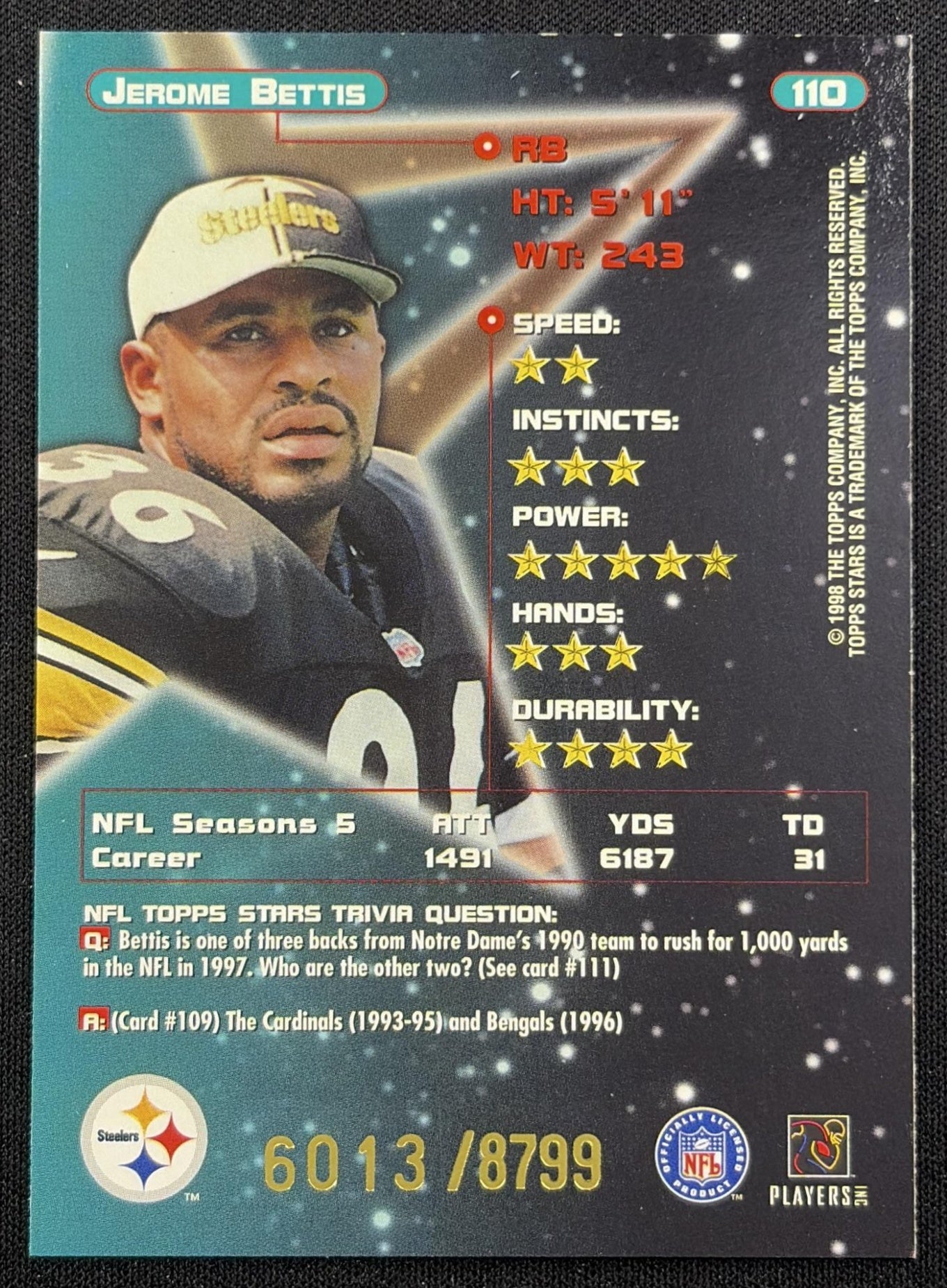 Jerome Bettis 1998 Topps Stars /8799 Steelers Pittsburgh Steelers