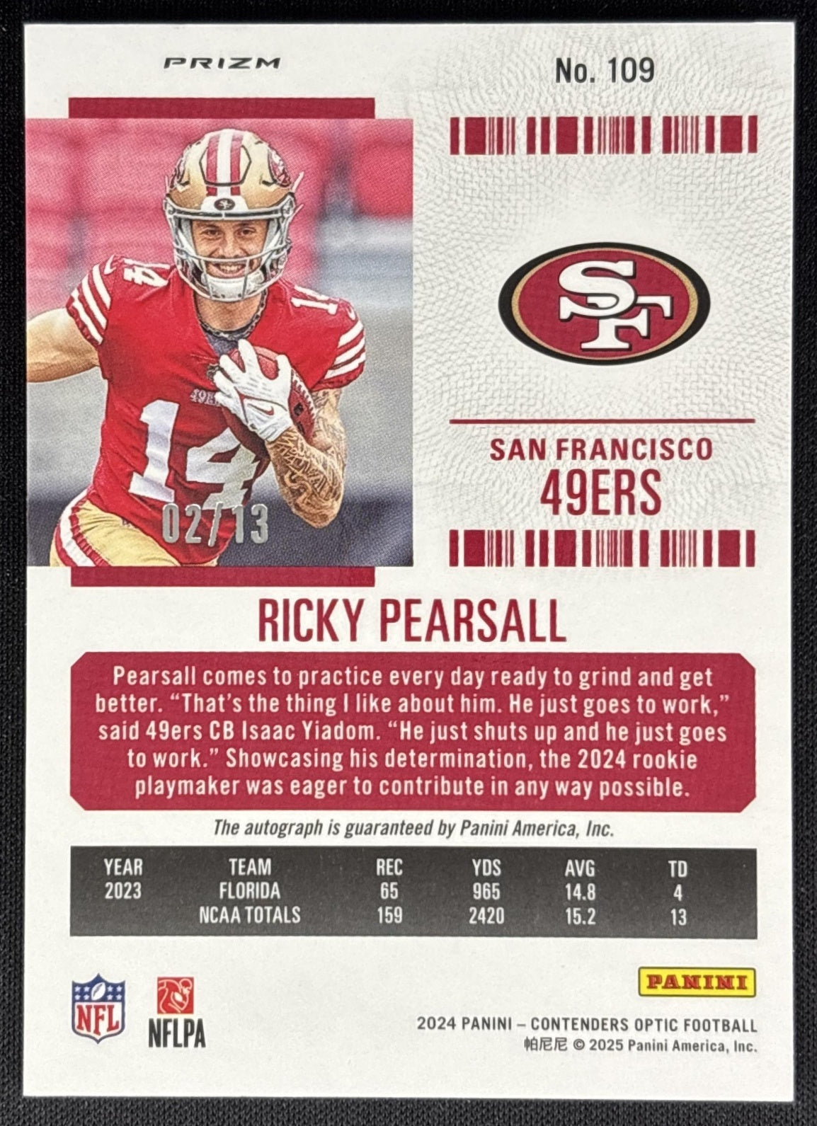 Ricky Pearsall 2024 Contenders Optic Rookie Ticket RPS Auto Red White & Blue Prizm /13 49ers Sports Trading Cards