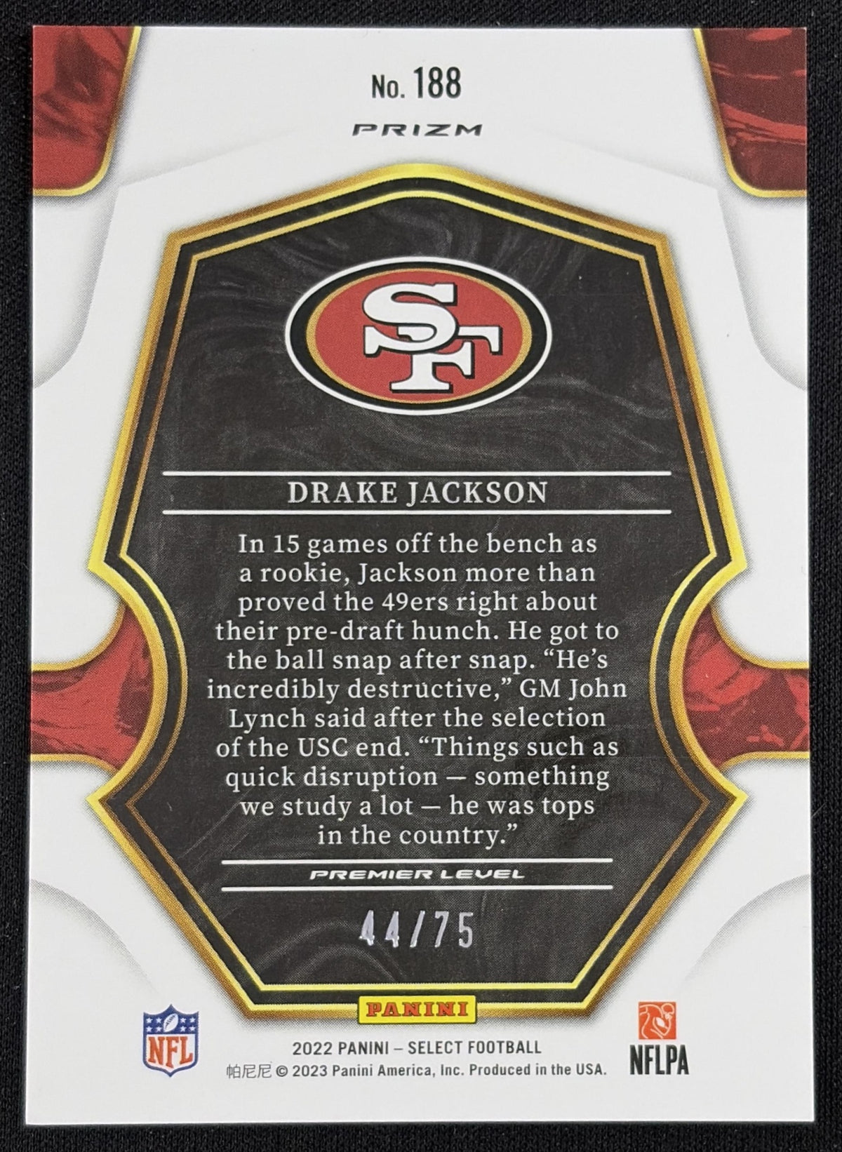 Drake Jackson 2022 Panini Select Purple Prizm /75 49ers - Back