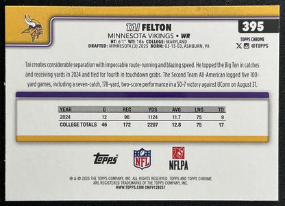 Tai Felton 2025 Topps Chrome Rookie Vikings Sports Trading Cards