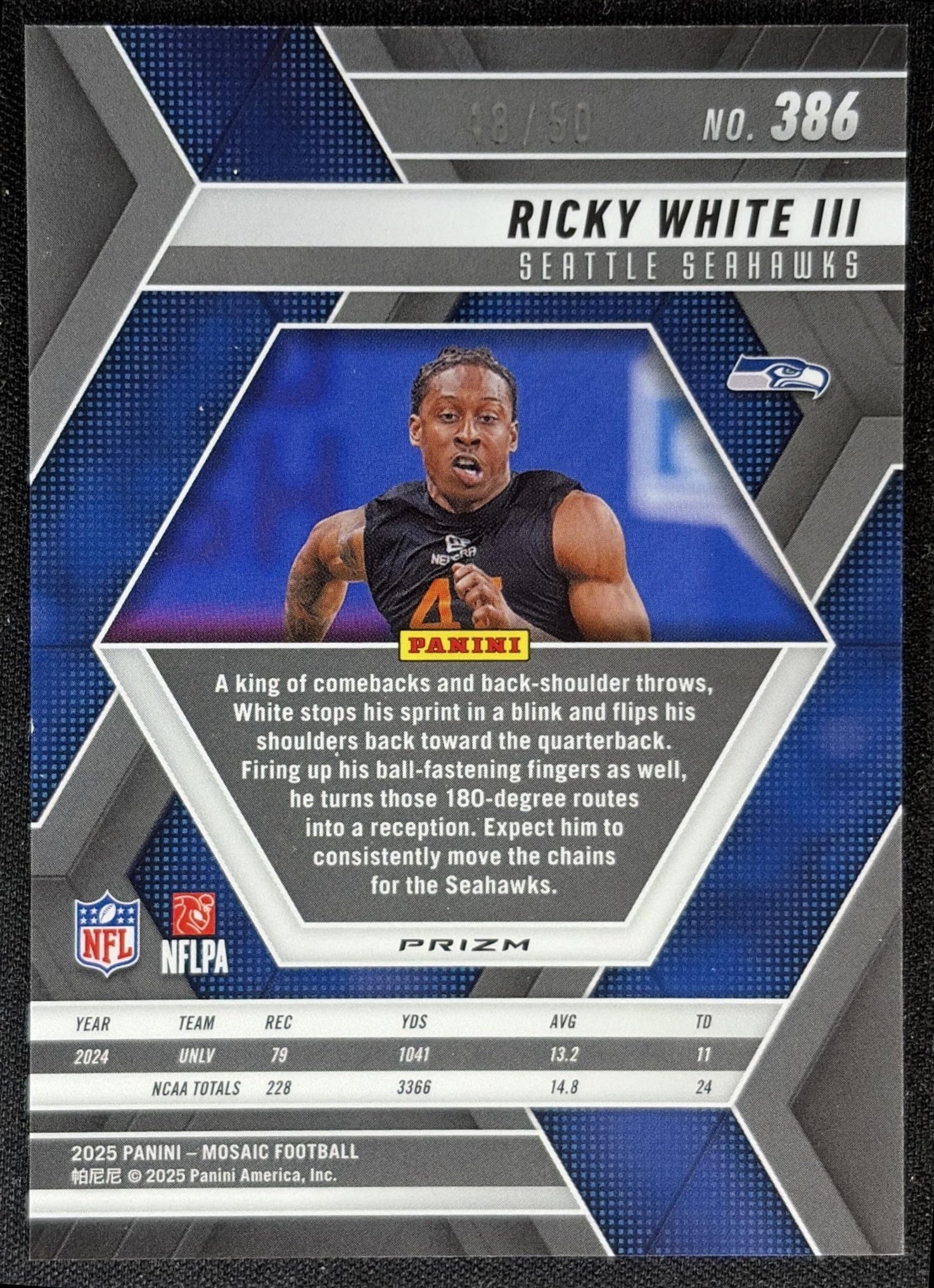 Ricky White III 2025 Panini Mosaic Rookies No Huddle Purple Prizm /50 Seahawks
