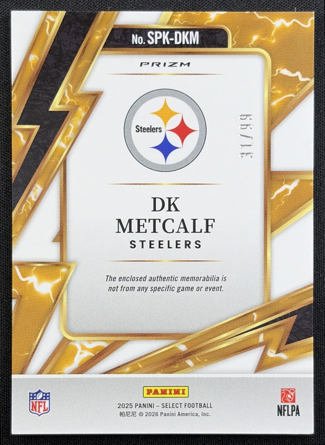 DK Metcalf 2025 Panini Select Sparks White Prizm /99 Steelers - back