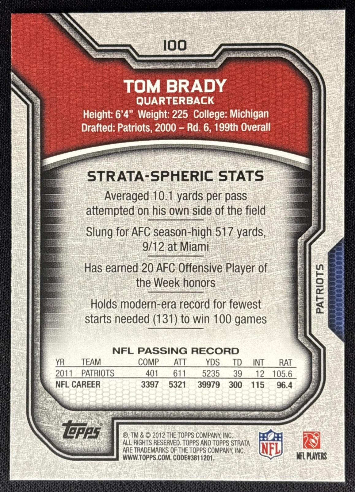 Tom Brady 2012 Topps Strata Retail Patriots Sports Trading Cards