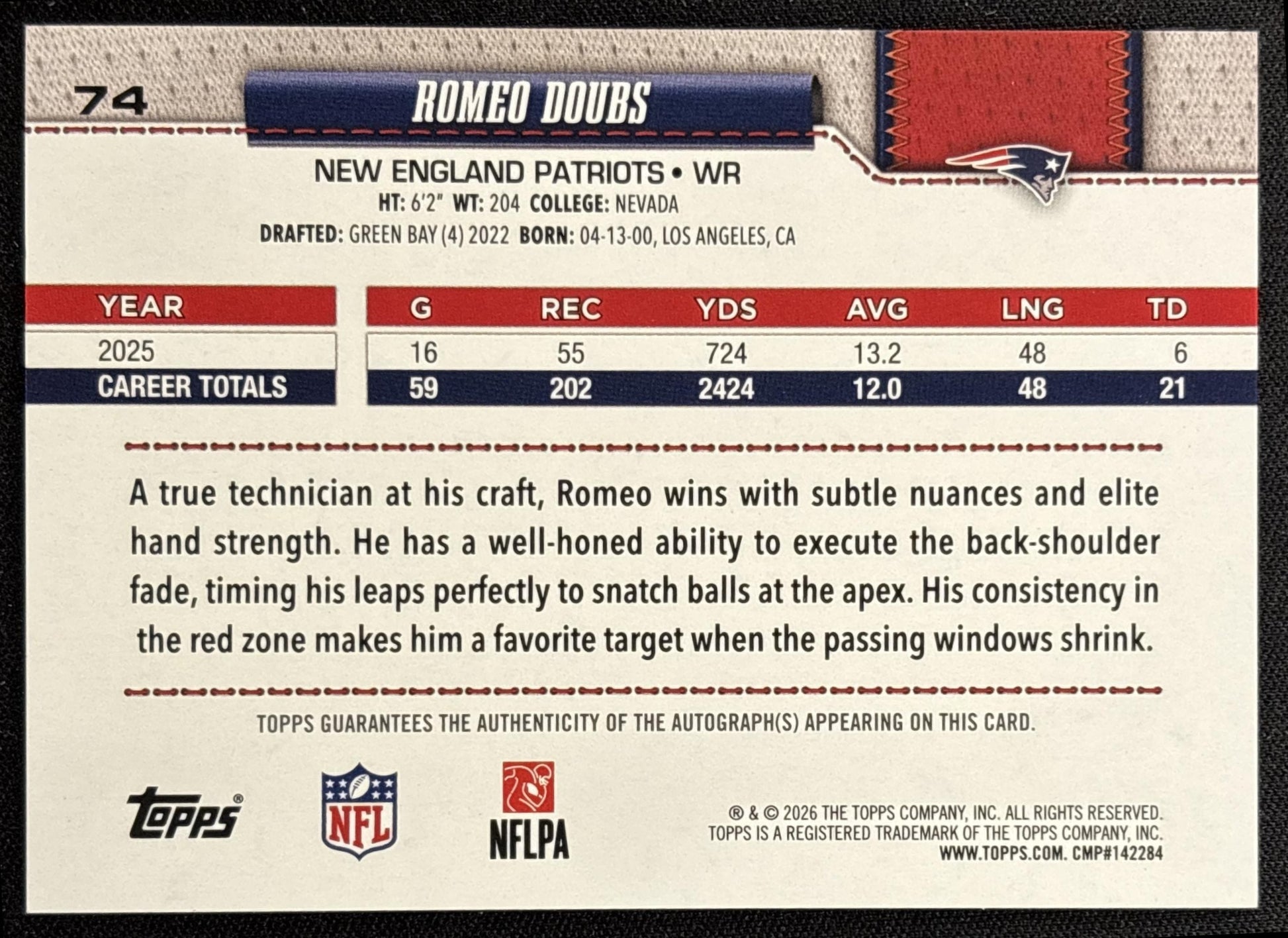 Romeo Doubs 2026 Topps Real One Auto Patriots - back