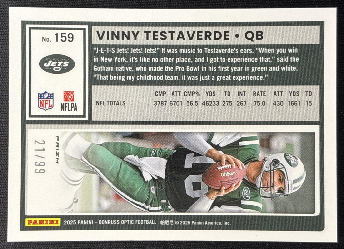 Vinny Testaverde 2025 Panini Donruss Optic Pink Velocity Prizm /99 Jets Sports Trading Card