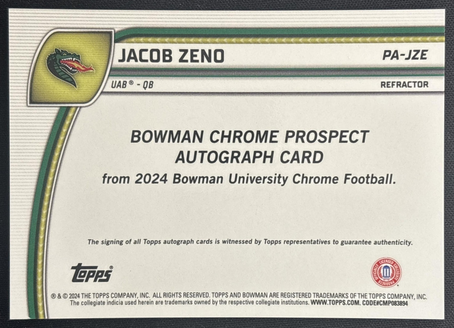 Jacob Zeno 2024 Bowman Chrome University Prospect Auto Refractor /299 back